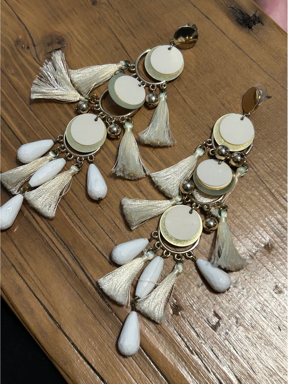 Bohemian Style Tassel Dangle Earrings with Gold and White Accents